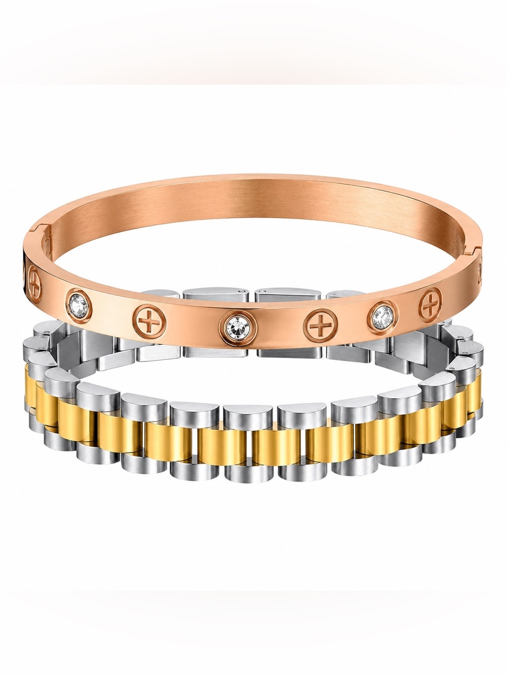 Rose Gold Crystal Screw Bangle with Two-Tone Chain Bracelet 💗💛🩶